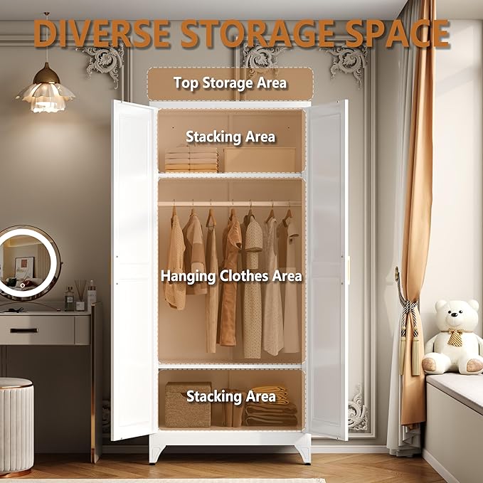 Metal Armoire Wardrobe Closet with Doors and Shelves, 71" Tall Freestanding Wardrobe Cabinet for Hanging Clothes, Large Closet with Hanging Rod for Bedroom, Office, School, Employee, Gym, White