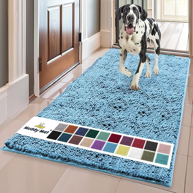 Muddy Mat® | Super Absorbent Door Mat Indoor, Microfiber Quick Dry Chenille Entryway Rug, Non-Slip Front Door Mat, Indoor Mats for Entryway, Machine Washable Pet Rug, Sky Blue 36"x60"