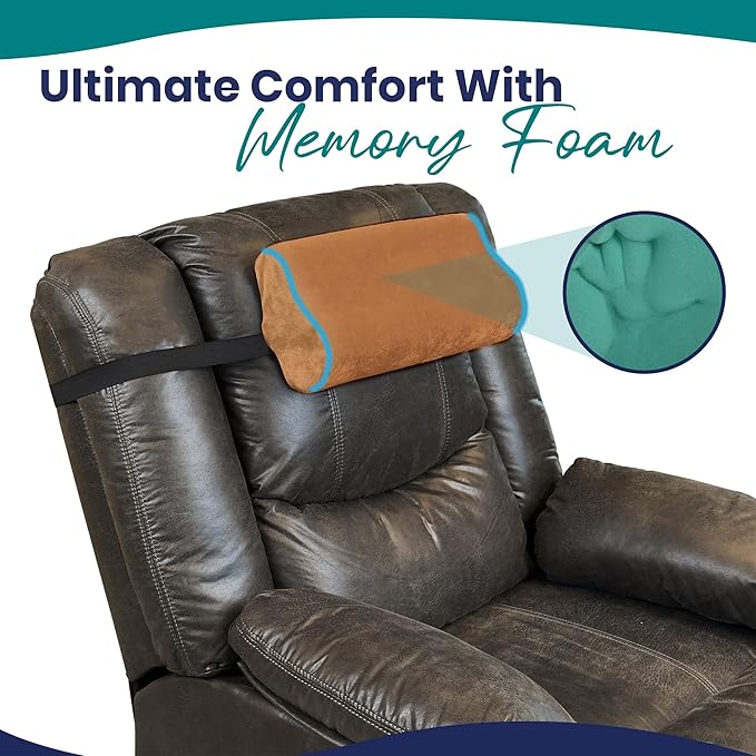 Memory Foam Headrest Pillow for Recliner – B-Shaped Neck Pillow with Stabilizer Strap, Non-Slip Backing, Soft Plush Fabric - Ultimate Neck Support and Pain Relief (Dark Brown)