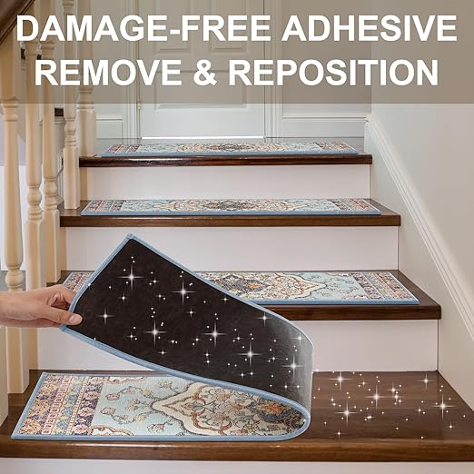Non Slip Stair Treads for Wooden Steps Indoor, Light Blue, 15pcs, 30"X8", Soft Carpet Mat, Machine Washable Boho Carpet Treads with Reusable Adhesive Backing, Safety Stair Tread for Dog, Kid, Elder