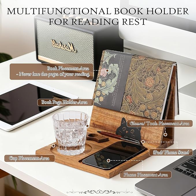 Book Holder Stand for Reading Rest, Wooden Foldable Book Rest with Book Page Holder, Cup, iPad & Phone Stand, Book Nook Reading Valet Desktop Triangle Bookstand Bookshelf for Readers Bookworms Gifts