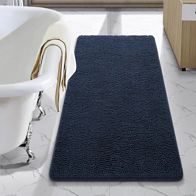 LOCHAS Luxury Bathroom Rug Shaggy Bath Mat 24 x 48 Inch, Washable Non Slip Bath Rugs for Bathroom Shower, Soft Plush Chenille Absorbent Carpets Mats, Navy