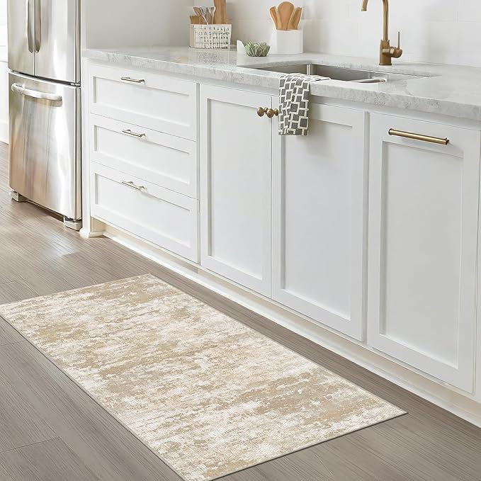 Runners for Hallways Non-Slip 2x4 Washable Kitchen Rug Abstract Tear and Stain Resistance No Pile Hand-Woven Style Lightweight Runners for Entryway, Laundry Room, Bedside, Beige/Yellow