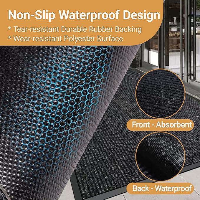 Indoor Outdoor Door Mat, 6'x3' Heavy Duty Large Non-Slip Waterproof Rubber Rug for Double Front Door Entrance, Welcome Floor Mats Carpet for Entryway Home Office School, Black 72" x 36"