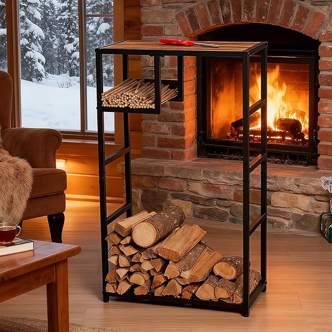 Indoor Firewood Rack - 23 x 39 Inches Durable Firewood Holder for Indoor and Outdoor Use - Elegant Fireplace Storage Solution & Stylish Home Decor