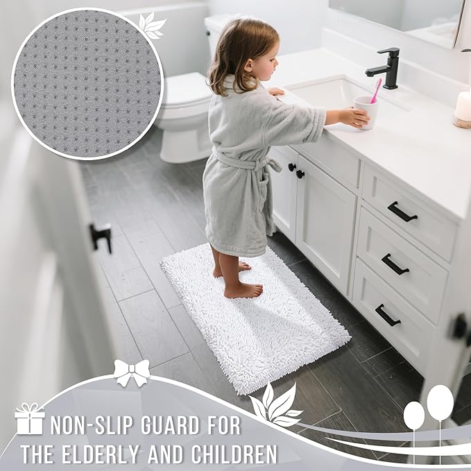 Yimobra Bathroom Rug Set 2 Piece, Luxury Shaggy Bath Mat Set with Non Slip Backing, Ultra Soft & Absorbent Mats for Bathroom Floor, Machine Washable, 31.5"x20"+24"x17", White