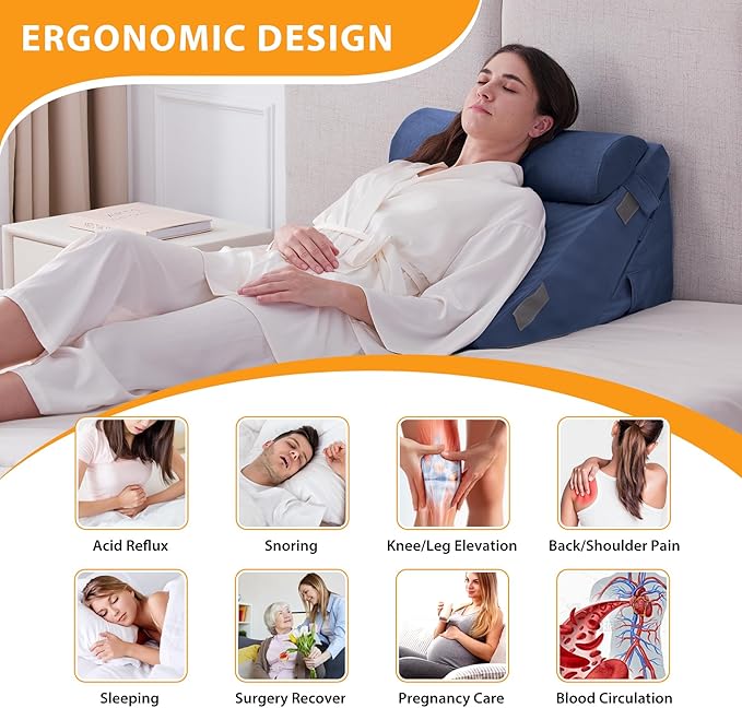 3PCS Wedge Pillow Set for After Surgery, Adjustable 9&12 Inch Bed Wedge Pillow for Sleeping, Incline Pillow Wedge for Headboard, Post Surgery, Acid Reflux, Neck&Back Support, Navy