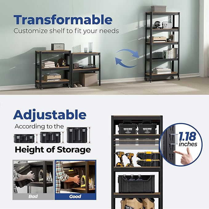 HOMEDANT House 24.4" 5-Tier Metal Rolling Cart Shelf Rack Casters Heavy Duty Laminated Wheel Shelving Unit Adjustable Utility Storage Shelves Shelf Kitchen Garage Black 1Pack