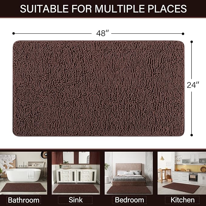 LOCHAS Luxury Bathroom Rug Shaggy Bath Mat 24 x 48 Inch, Washable Non Slip Bath Rugs for Bathroom Shower, Soft Plush Chenille Absorbent Carpets Mats, Brown