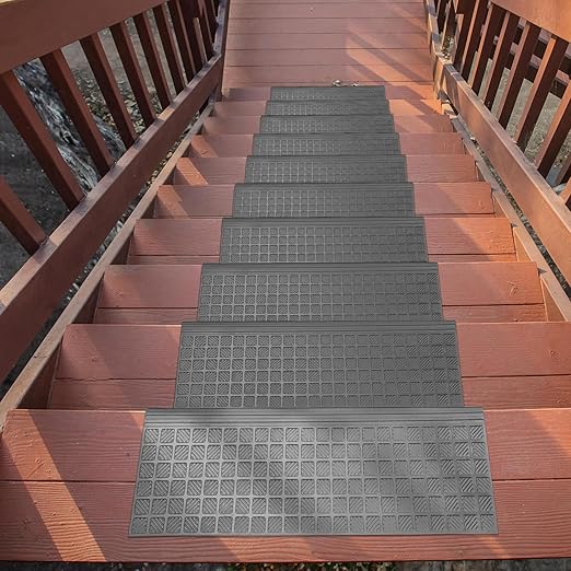 Ottomanson All-Weather Bullnose Rubber Stair Treads – Non-Slip Step Mats for Wooden, Concrete, or Outdoor Stairs, Easy Maintenance, Tool-Free Placement, Pack of 5, 10" x 25.5", Black Square Grid