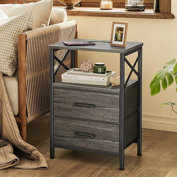 Huuger Night Stand with Charger Station, 2 Drawer Nightstand with Open Shelf, Bed Side Table with USB-C Port, End Table, Compact Size for Small Spaces, X Shaped Side Rail, Grey
