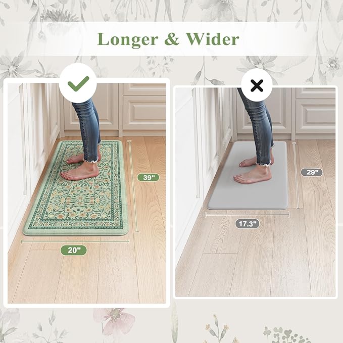 KIMODE Kitchen Mats Cushioned Anti Fatigue 20"x39", Green Floral Kitchen Mats for Floor, Padded Kitchen Floor Mats Non Slip, Standing Mat for Laundry Office Sink Desk