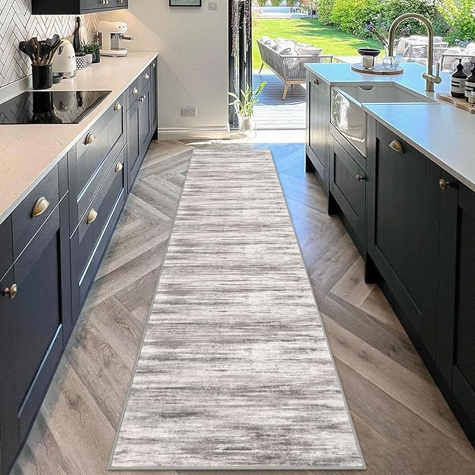 KOZYFLY Modern Abstract Hallway Runner, 2x10 Washable Rug Runner Non-Slip Soft Striped Kitchen Runner Rug, Grey Beige Print Carpet for Entryway Bathroom Laundry Room Foyer