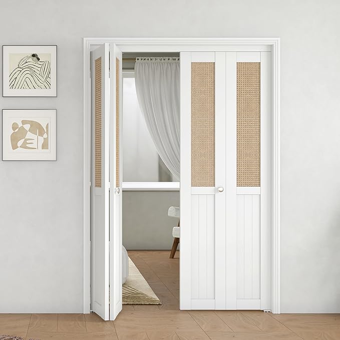 BARNER HOME Cane Bi-fold Doors - for 60in.（30in.x2） x 80in. Opening, Webbing & Wood Interior Door Slab, Including Hardware, MDF, White Folding Door for Wardrobe