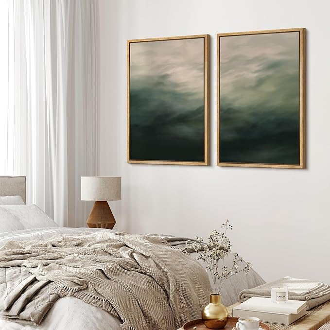 MUDECOR Framed Canvas Print Wall Art Dark Green Abstract Misty Landscape Moody Illustrations Modern Art Decorative Chic for Living Room, Bedroom, Office - 16"x24"x2 Natural