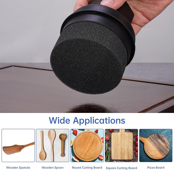 NiHome Wood Wax & Oil Applicator with 3.15" Wide Pad, Reusable Conditioner Tool with Handle & Storage Cap for Cutting Boards, Utensils, Countertops, Serving Boards, Easy to Hold, Clean & Store (Black)