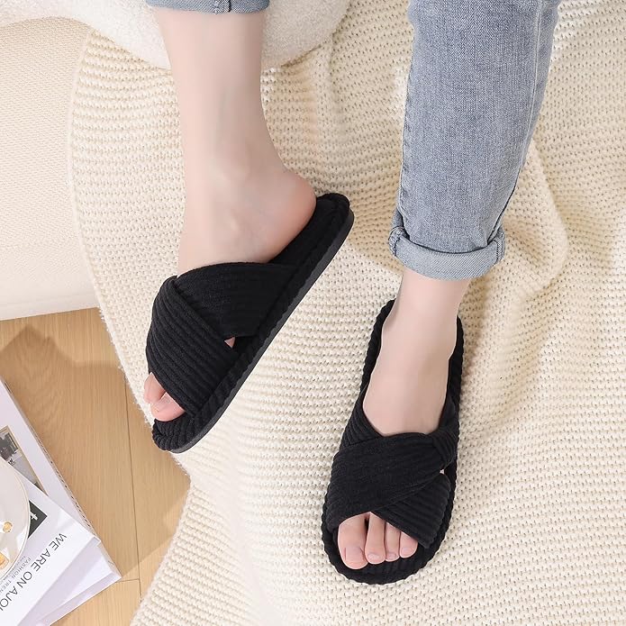 Evshine Fall House Slippers for Women Corduroy Cross Bow Indoor Slippers Open Toe Slip On Bedroom Shoes with Memory Foam