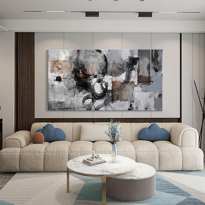 Pogusmavi Large Abstract Canvas Wall Art - Black & Grey, 29x58in, Framed, Modern Decor for Living Room & Bedroom