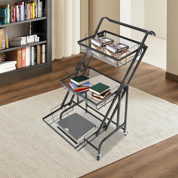 3 Tier Rolling Utility Cart with Wheels, Metal Rolling Foldable Storage Shelves, Adjustable Tilt Angle Storage Organizer for Living Rooms, Kitchens, Bathrooms (Black)