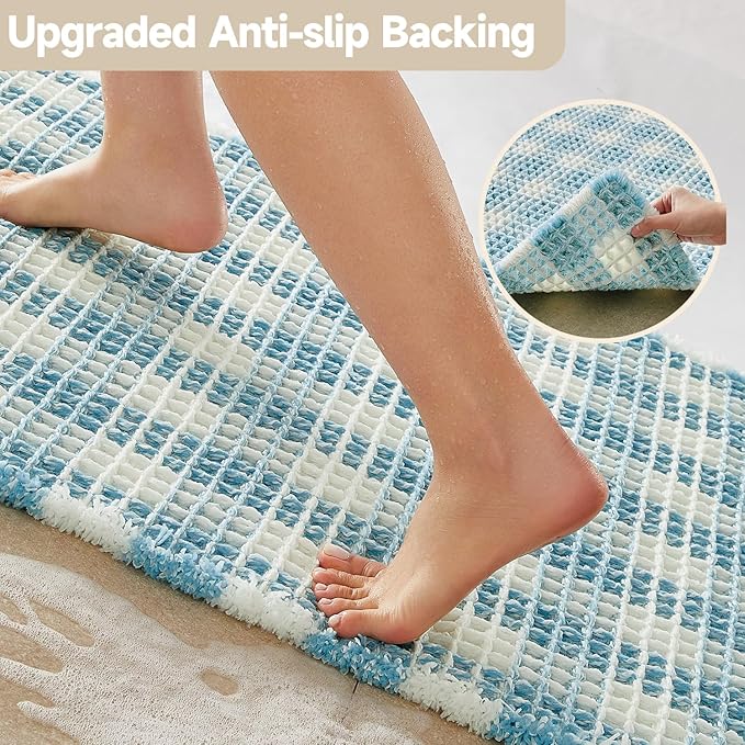 Waffle Bath Mat, Boho Bathroom Rugs Non Slip Washable Absorbent Checkered Bathroom Mat Quick Dry Cute Bath Mat, 24"x16" Blue and White