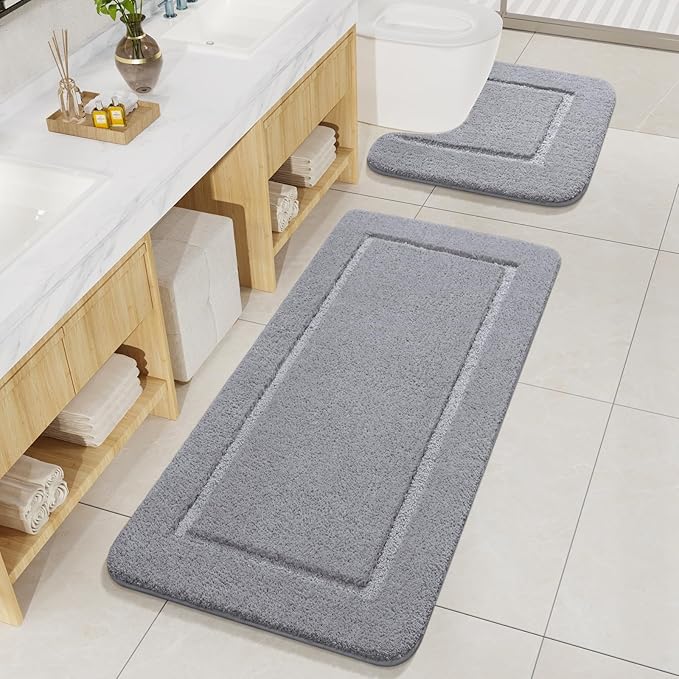 LOCHAS Bathroom Rug Set Light Grey, Soft Bath Rug Set 2 Piece Set, Toilet Mat U-Shaped 20x20 and 24x48 Bath Rugs, Quickly Dry Mats for Bathroom, Tub, Washable, Super Absorbent Floor Mat
