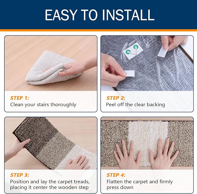 OLANLY Stair Treads Non Slip 15PCS, 8" x 30" Indoor Stair Runners for Wooden Steps, Edging Stair Rugs with Reusable Peel and Stick Adhesive for Kids Elders and Pets, Light Brown