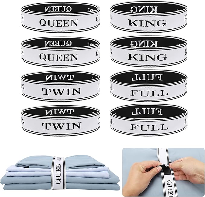 8 Pcs Bed Sheet Organizer Bands with Hook and Loop Adjustable Sheet Organizers and Storage Label Bands for Linen Closet-Elastic Bedding Sheet Keeper Straps for Bedsheet Sets (Mix 8PCs)