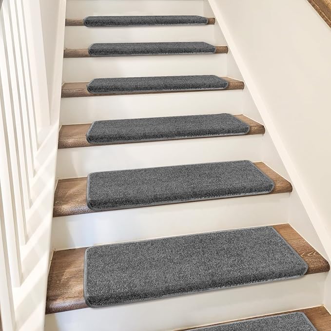 PURE ERA Bullnose Carpet Stair Treads Set Tape Free Non-Slip Indoor Stair Protectors Pet Friendly Rugs Covers Soft Skid Resistant Washable Reusable 9.5" x 30"(7 Pieces,Dark Gray)