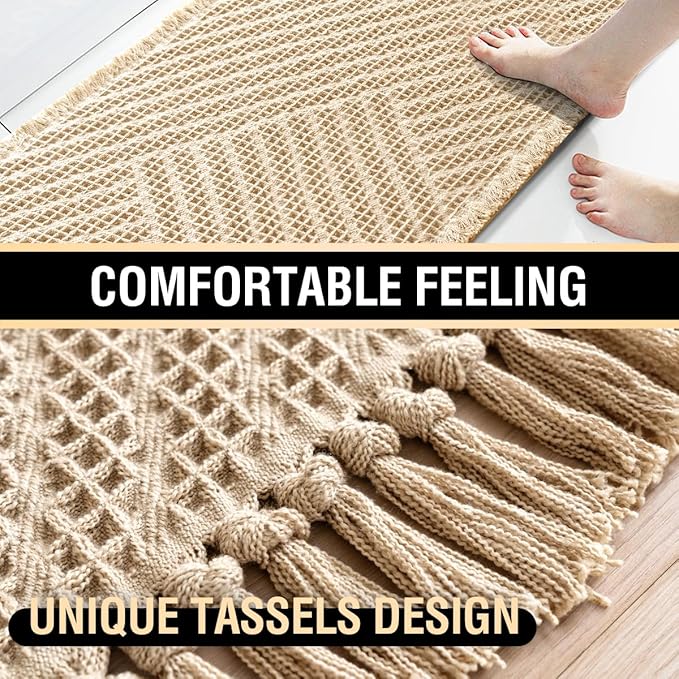 H.VERSAILTEX Waffle Bath Mat Super Absorbent Boho Bath Mat Non Slip Bath Rugs for Bathroom Floor Machine Washable Dry Fast Bathroom Rugs with Tassels, 17" x 24", Sand
