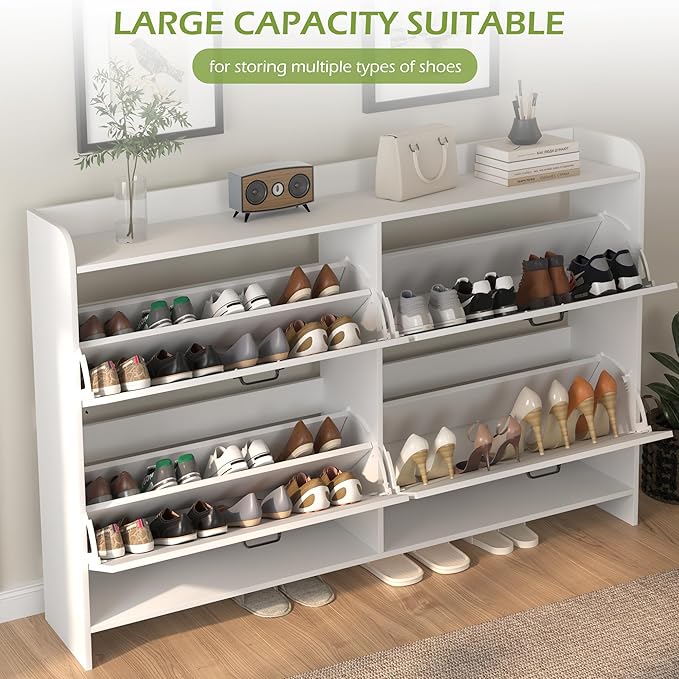 Shoe Storage Cabinet with 4 Flip-Drawers, 46 Inch Narrow Farmhouse Shoe Organizer with Metal Handles & Adjustable Shelves, Freestanding Shoe Rack Cabinet for Entryway, Hallway (White)