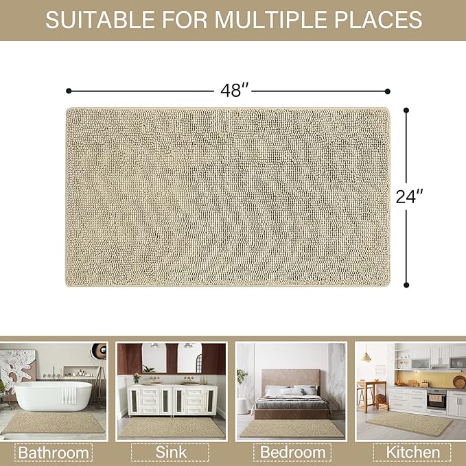 LOCHAS Luxury Bathroom Rug Shaggy Bath Mat 24 x 48 Inch, Washable Non Slip Bath Rugs for Bathroom Shower, Soft Plush Chenille Absorbent Carpets Mats, Beige