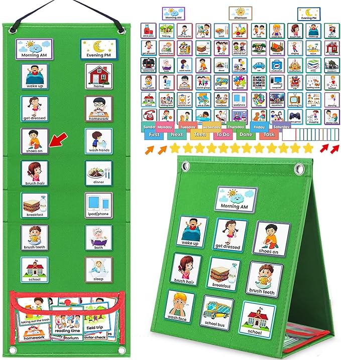 Visual Schedule for Kids with Autism Chore Chart for Kids Daily Routine Chart Autism Learning Materials Toddler Planning Board Visual Schedule for Classroom, Home with 124 Cards (Green)