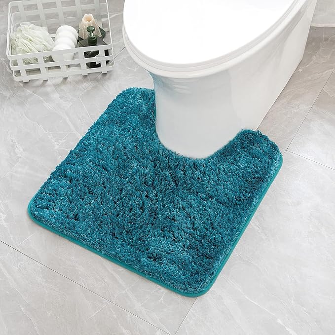 MIULEE Microfiber Toilet Bath Mat U-Shaped Contour Shaggy Bathroom Rugs Non Slip Extra Thick Soft Bath Rug Absorbent Water for Bathroom Commode Machine Washable(24x24 Inch, Teal)