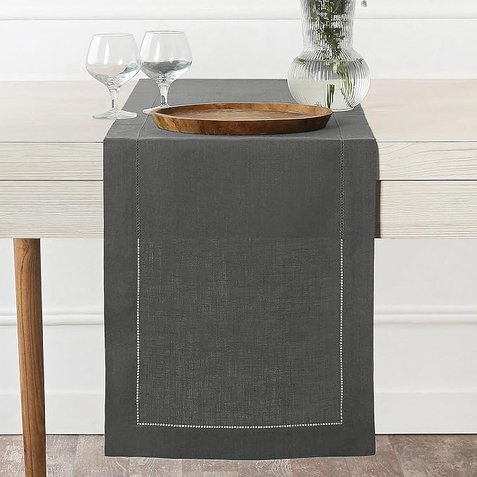 D'Moksha Homes Linen Charcoal Grey Table Runner 84 Inches Long - 100% Pure Linen Table Runner 14 x 84 Inch for Spring, Easter - Classic Hemstitch