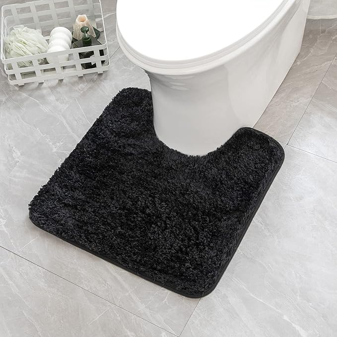 MIULEE Microfiber Toilet Bath Mat U-Shaped Contour Shaggy Bathroom Rugs Non Slip Extra Thick Soft Bath Rug Absorbent Water for Bathroom Commode Machine Washable(24x24 Inch, Black)
