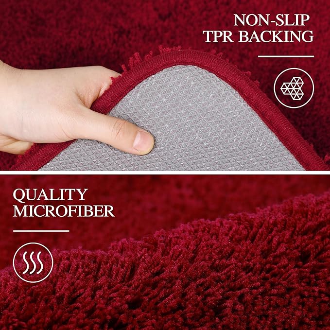 Walensee Contour Rug (20x24, Red) Non Slip Bath Mat, Soft Microfiber Shaggy Mat, Machine Washable, U Shape Toilet Rug