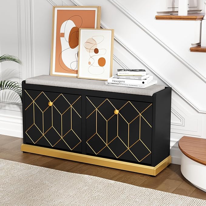 HLR Modern Shoe Bench with Storage, Entryway Bench with 2 Flip Drawer & Padded Cushion Seat, Shoes Storage Bench for Hallway, Closet, Living Room, Black Shoe Storage Cabinet with Bench