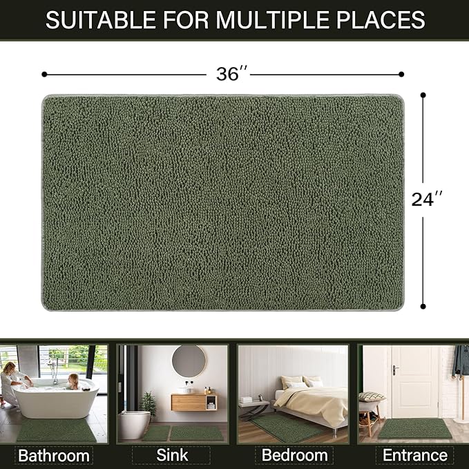 LOCHAS Luxury Bathroom Rug Shaggy Bath Mat 24 x 36 Inch, Washable Non Slip Bath Rugs for Bathroom Shower, Soft Plush Chenille Absorbent Carpets Mats, Olive Green