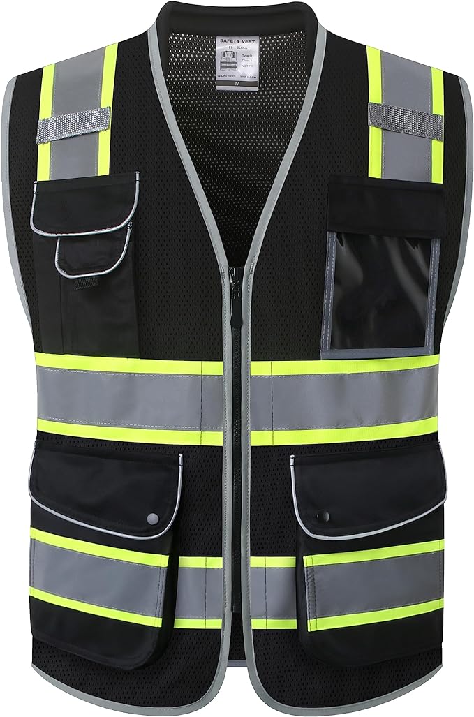 JKSafety 9 Pockets Hi-Vis Black Safety Vest for Men Women High Visibility Reflective Construction Mesh Fabric Cushioned Collar Work Utility PPE Work Gear ANSI/ISEA compliant (101-Black XL)