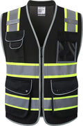 JKSafety 9 Pockets Hi-Vis Black Safety Vest for Men Women High Visibility Reflective Construction Mesh Fabric Cushioned Collar Work Utility PPE Work Gear ANSI/ISEA compliant (101-Black XL)