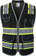 JKSafety 9 Pockets Hi-Vis Black Safety Vest for Men Women High Visibility Reflective Construction Mesh Fabric Cushioned Collar Work Utility PPE Work Gear ANSI/ISEA compliant (101-Black M)