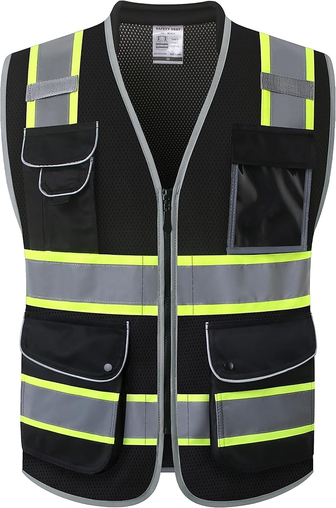 JKSafety 9 Pockets Hi-Vis Black Safety Vest for Men Women High Visibility Reflective Construction Mesh Fabric Cushioned Collar Work Utility PPE Work Gear ANSI/ISEA compliant (101-Black 3XL)