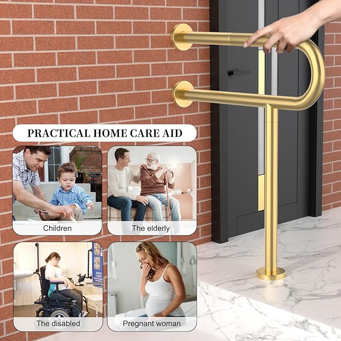 Toilet Support Rail 23.4X 28 Inch, Munzong Anti-Slip Gold Handicap Grab Bar for Bathroom, Stainless Steel Knurled Safety handrails with Leg for Elderly Disabled Pregnant-1.25’Tube