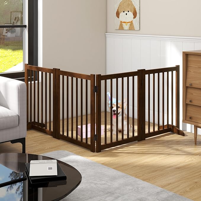 Solid Wood Freestanding Pet Gate - 4 Panels 24" - Folding Safety Fence with 2 Support Feet - Ideal for Stairs, Doorways, Halls, Kitchens - Indoor Wooden Dog Gate - Walnut Color