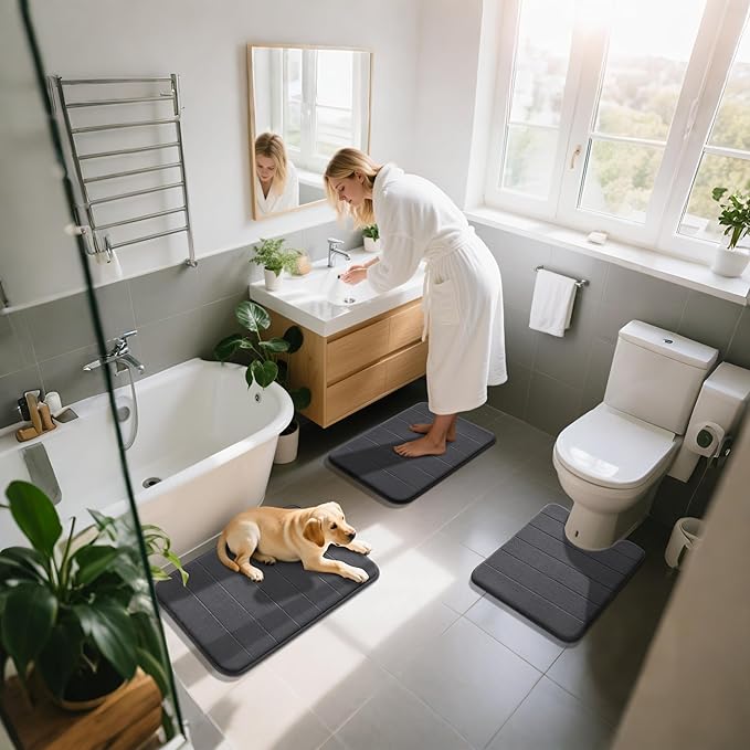 Yimobra Memory Foam Bath Mat Set 3 Pieces- Super Soft Absorbent Quick Dry Bathroom Rug Sets, Machine Washable Non Slip Floor Carpet for Tub Shower, Vanity & Toilet Base, Dark Gray