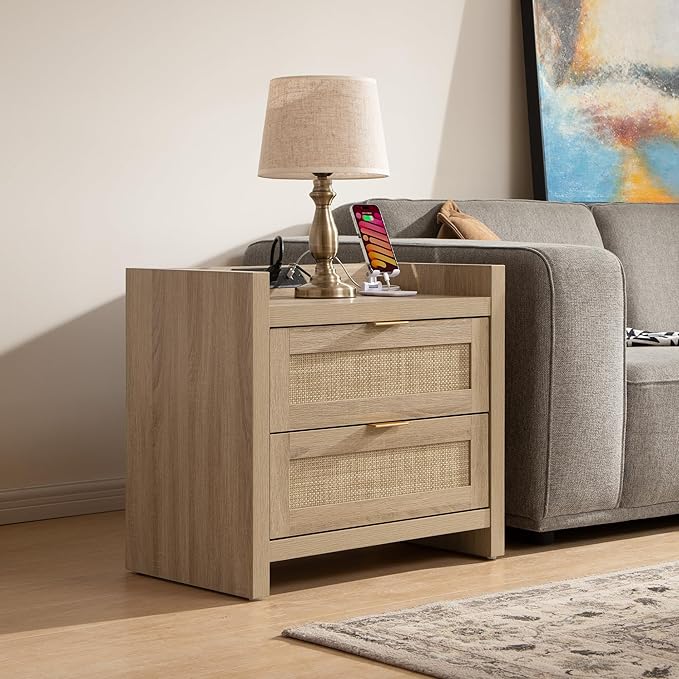 SICOTAS Rattan Nightstand Bedside Table - Night Stand with Type-C Charging Station, 2 Drawers Storage - Boho Night Stands End Table for Bedroom - Light Oak