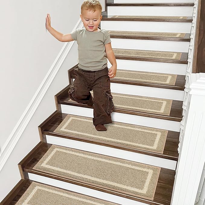 COSY HOMEER Soft Stair Treads Non-Slip Carpet Mat 28inX9in Indoor Stair Runners for Wooden Steps,Stair Rugs for Kids and Dogs, 100% Polyester TPE Backing 10pcs,Beige,Square