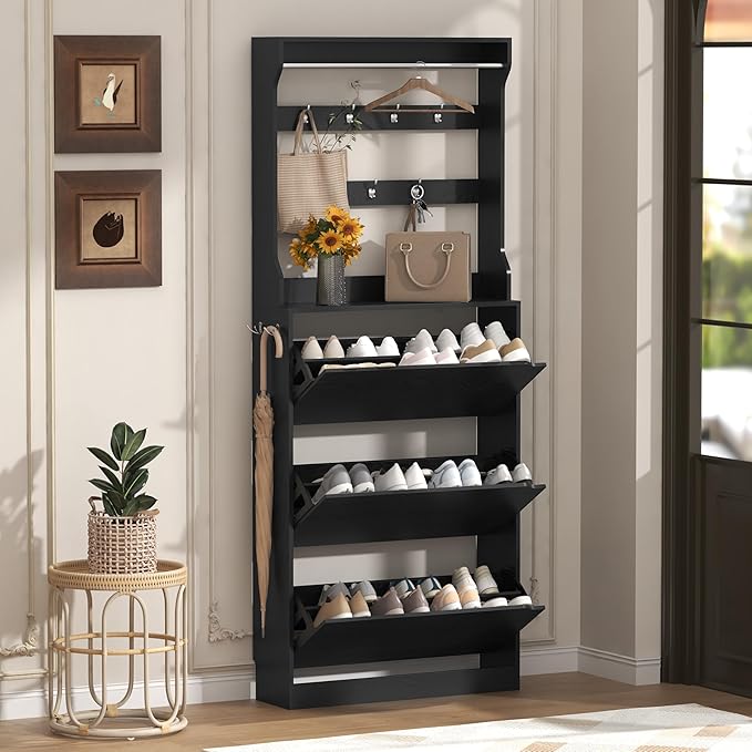 Tall Shoe Cabinet with Coat Rack, Hidden Shoe Storage Cabinet with Doors & Drawer, Hanging Bar & Hooks, Slim Narrow Freestanding Shoe Rack Organizer for Entryway, Hallway & Living Room, Black