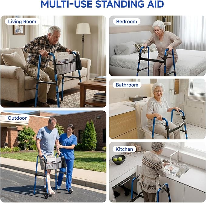Folding Walker for Seniors, Front Wheel Walker with Storage Bag & Rear Ski Glides, Height Adjustable, 350lbs Capacity, Blue