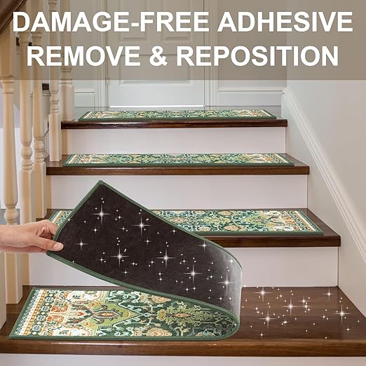 Non Slip Stair Treads for Wooden Steps Indoor, Green, 15pcs, 30"X8", Soft Carpet Mat, Machine Washable Boho Carpet Treads with Reusable Adhesive Backing, Safety Stair Tread for Dogs, Kids, Elders